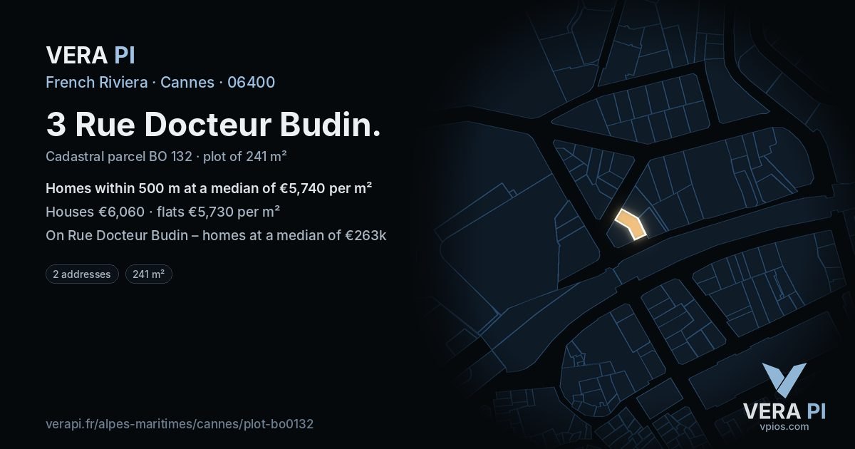 3 Rue Docteur Budin, Cannes at night – the plot lit, the parcels around coloured by the prices near them