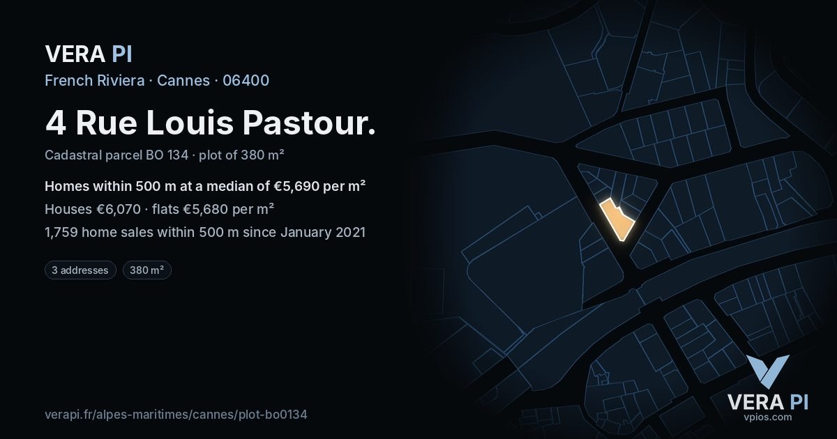 4 Rue Louis Pastour, Cannes at night – the plot lit, the parcels around coloured by the prices near them