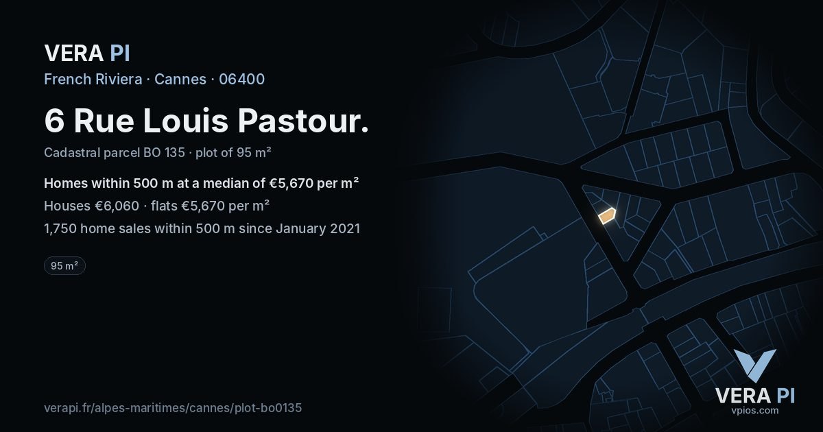 6 Rue Louis Pastour, Cannes at night – the plot lit, the parcels around coloured by the prices near them