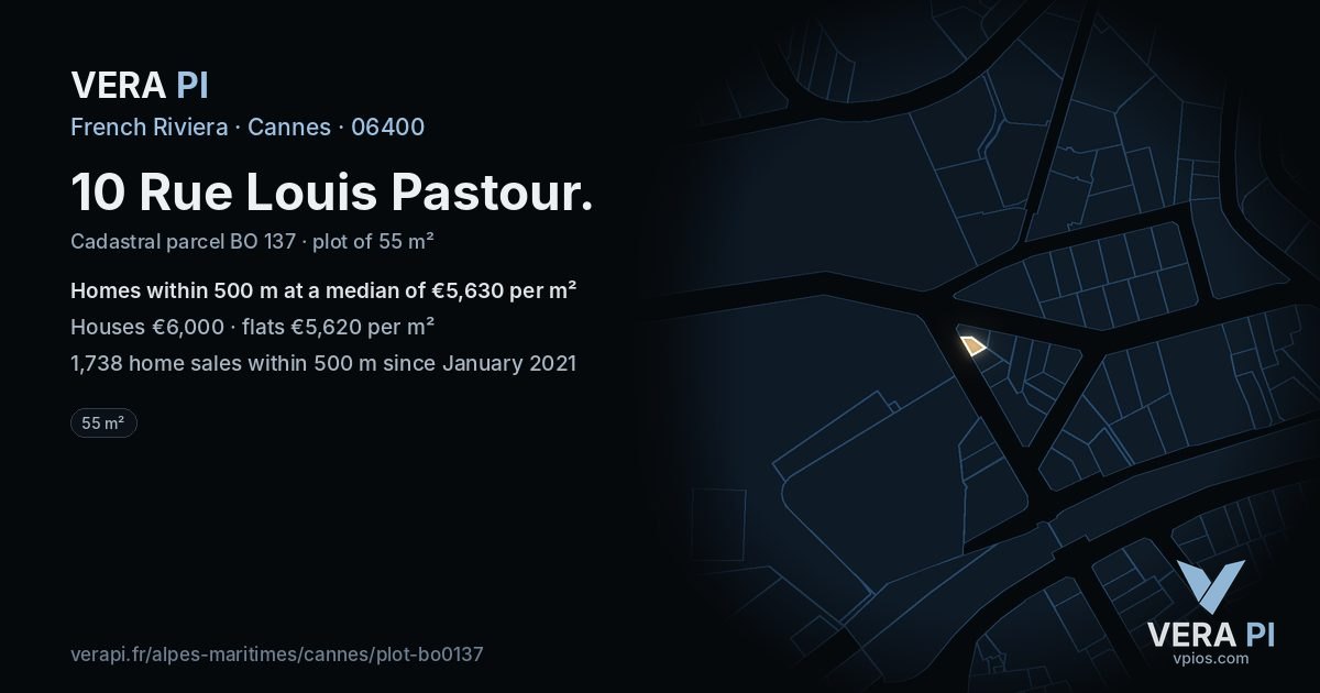 10 Rue Louis Pastour, Cannes at night – the plot lit, the parcels around coloured by the prices near them