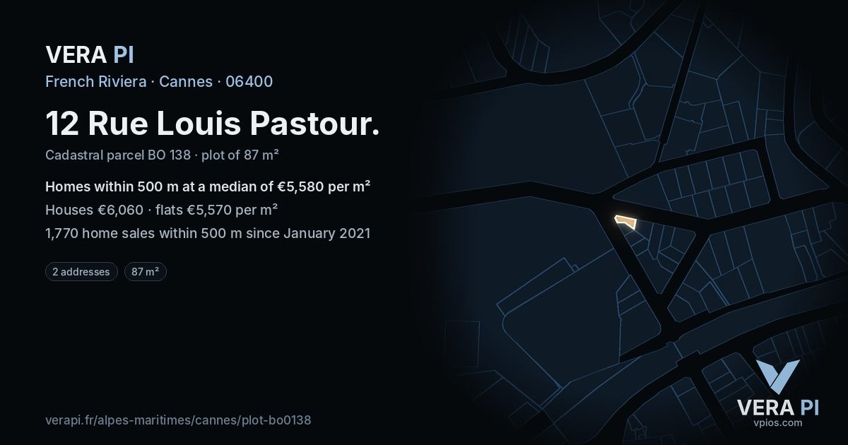 12 Rue Louis Pastour, Cannes at night – the plot lit, the parcels around coloured by the prices near them