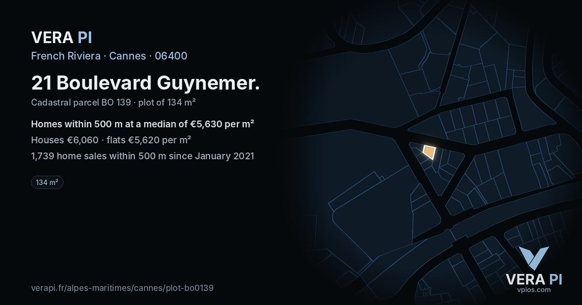 21 Boulevard Guynemer, Cannes at night – the plot lit, the parcels around coloured by the prices near them