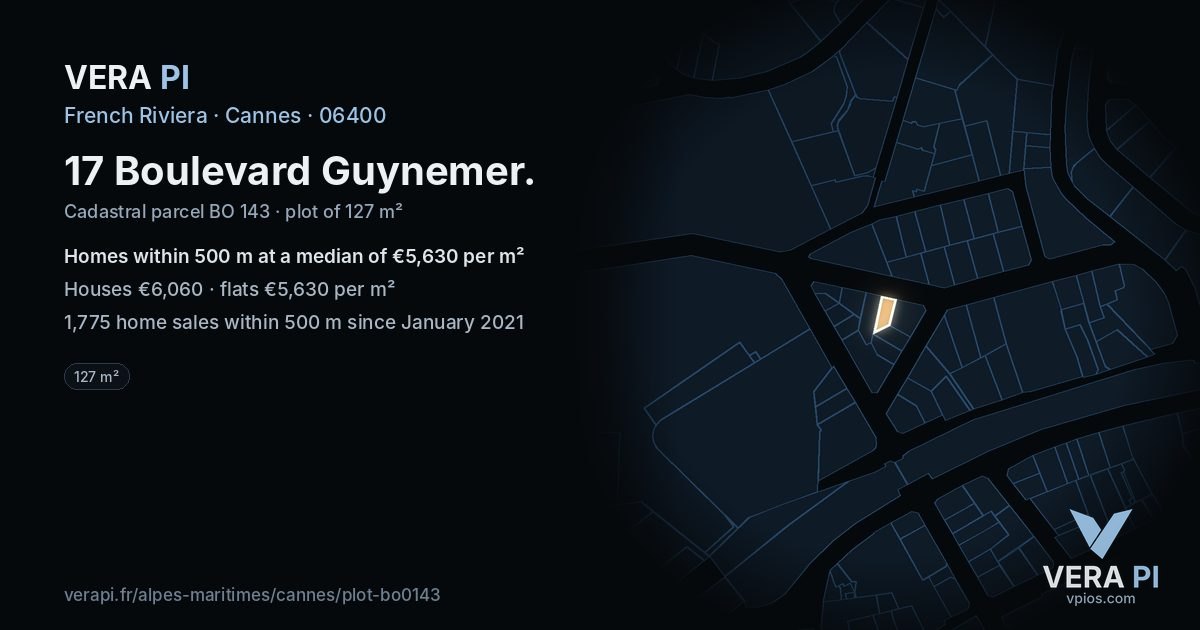 17 Boulevard Guynemer, Cannes at night – the plot lit, the parcels around coloured by the prices near them