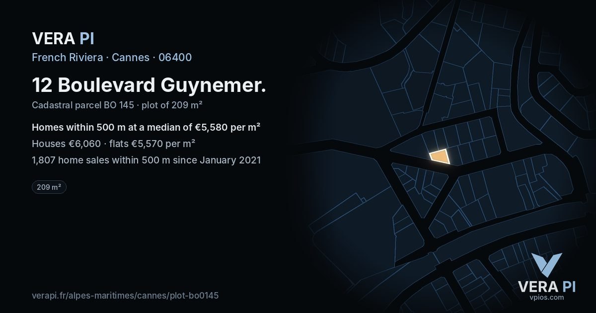 12 Boulevard Guynemer, Cannes at night – the plot lit, the parcels around coloured by the prices near them