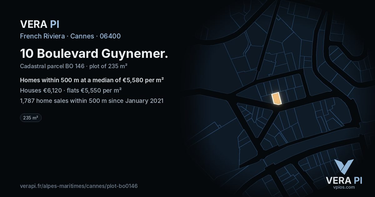 10 Boulevard Guynemer, Cannes at night – the plot lit, the parcels around coloured by the prices near them