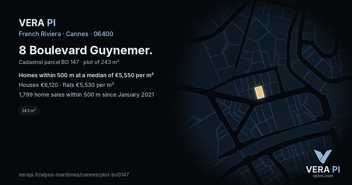 8 Boulevard Guynemer, Cannes at night – the plot lit, the parcels around coloured by the prices near them