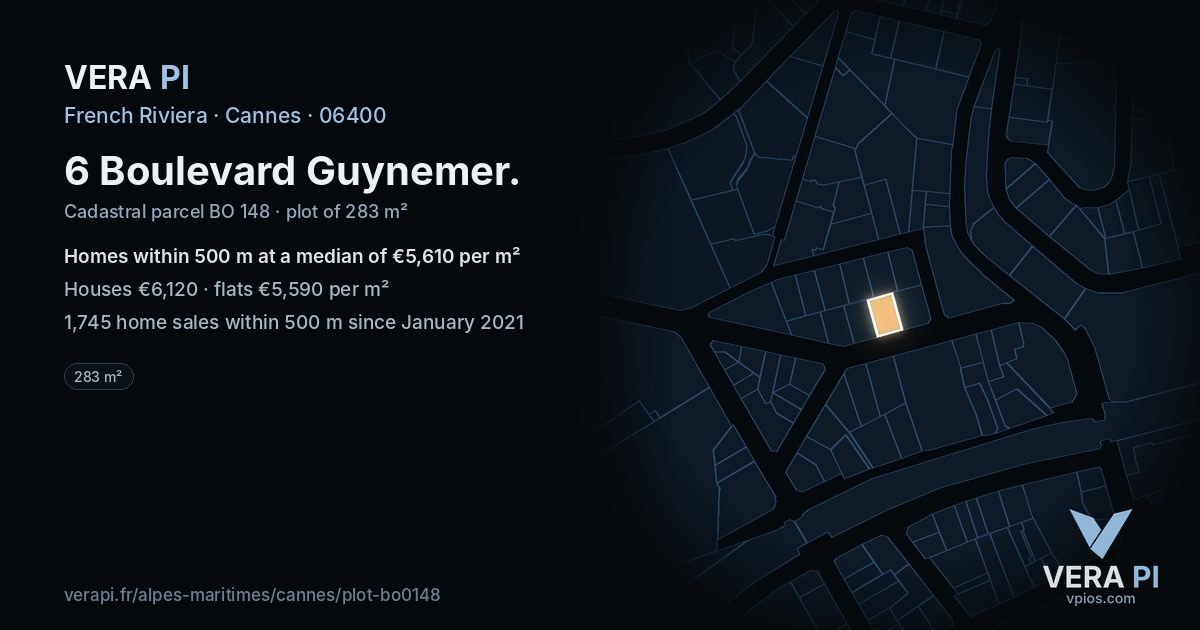 6 Boulevard Guynemer, Cannes at night – the plot lit, the parcels around coloured by the prices near them