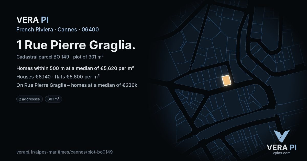 1 Rue Pierre Graglia, Cannes at night – the plot lit, the parcels around coloured by the prices near them