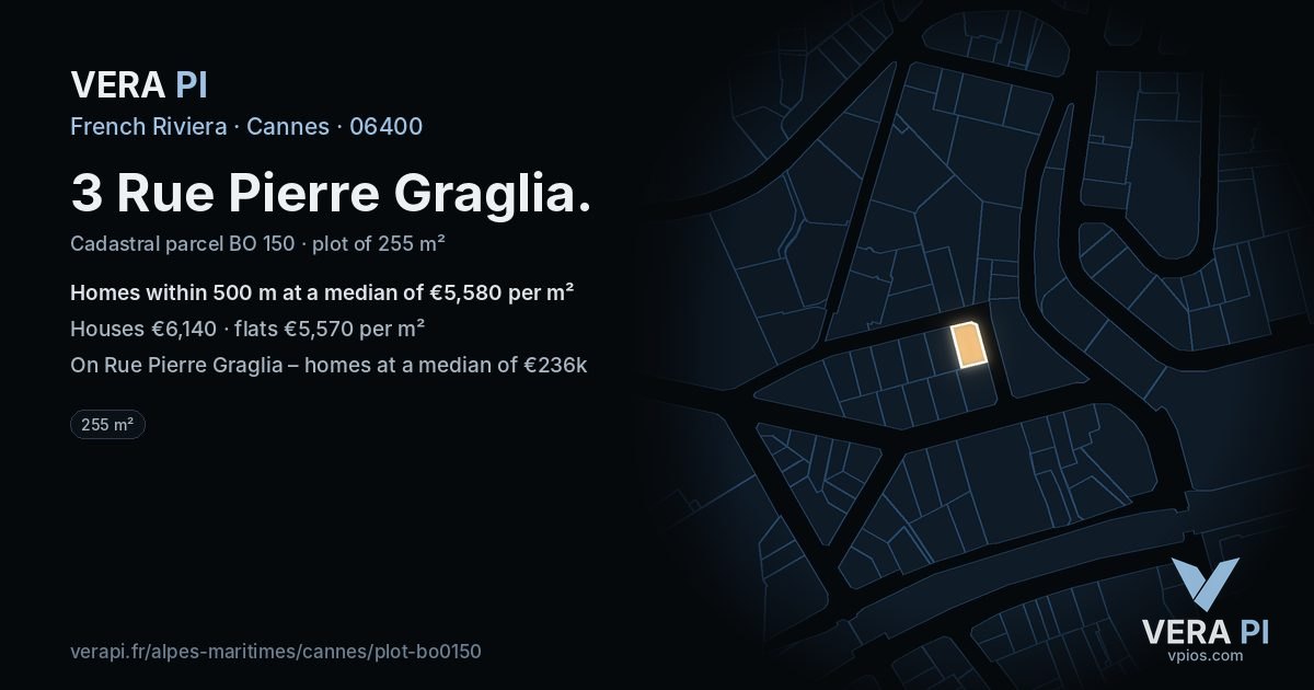 3 Rue Pierre Graglia, Cannes at night – the plot lit, the parcels around coloured by the prices near them