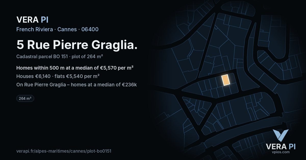 5 Rue Pierre Graglia, Cannes at night – the plot lit, the parcels around coloured by the prices near them