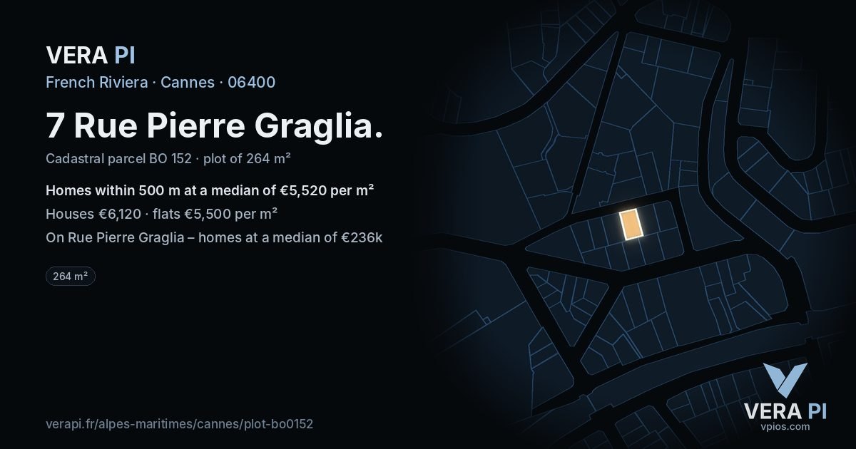 7 Rue Pierre Graglia, Cannes at night – the plot lit, the parcels around coloured by the prices near them