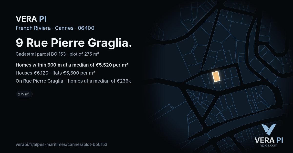 9 Rue Pierre Graglia, Cannes at night – the plot lit, the parcels around coloured by the prices near them