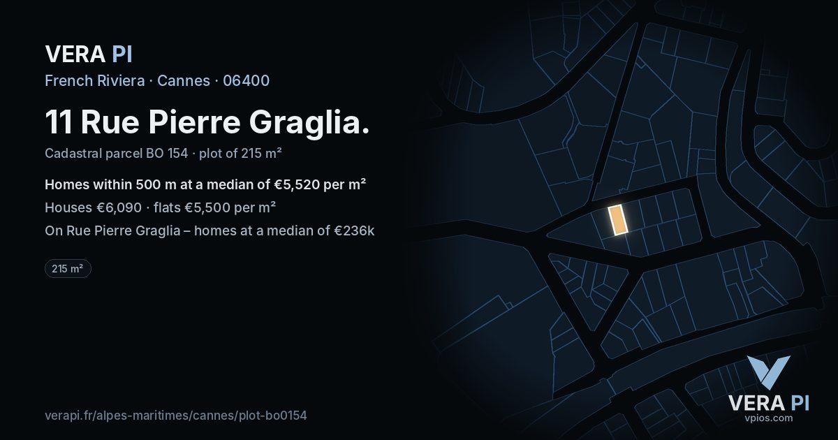 11 Rue Pierre Graglia, Cannes at night – the plot lit, the parcels around coloured by the prices near them