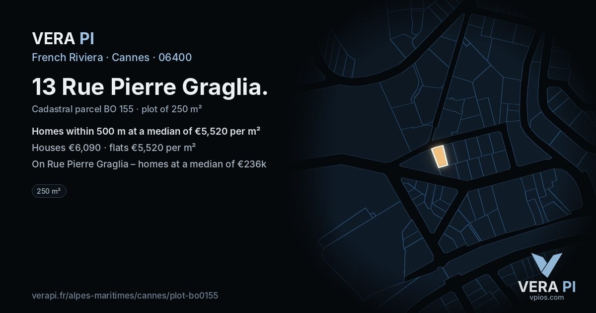 13 Rue Pierre Graglia, Cannes at night – the plot lit, the parcels around coloured by the prices near them