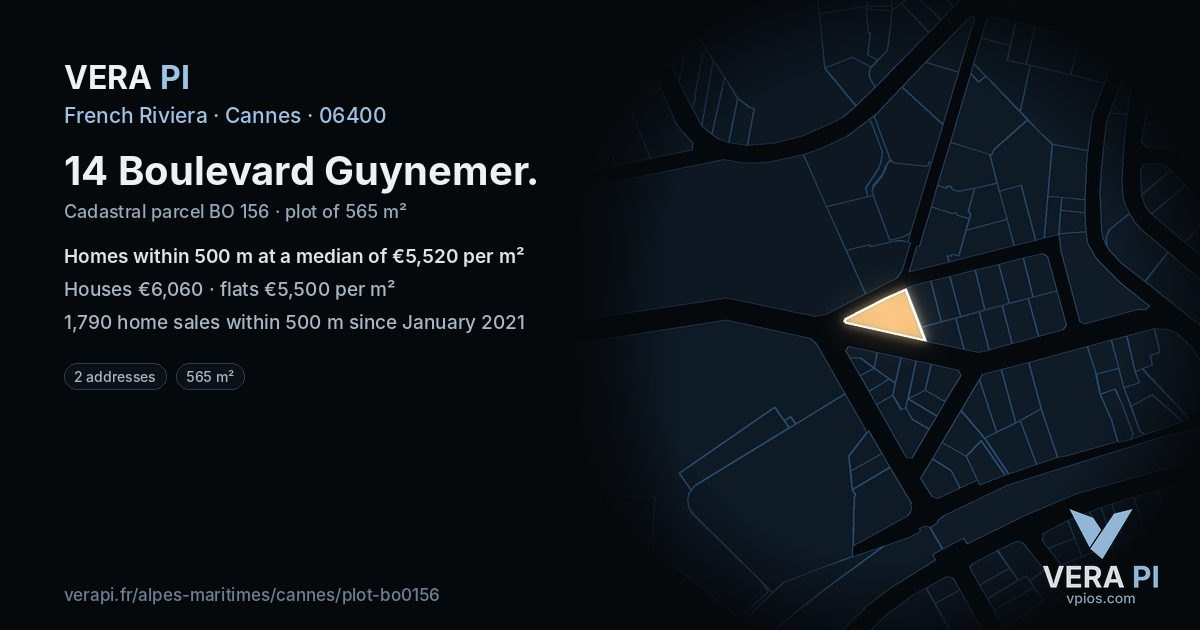 14 Boulevard Guynemer, Cannes at night – the plot lit, the parcels around coloured by the prices near them
