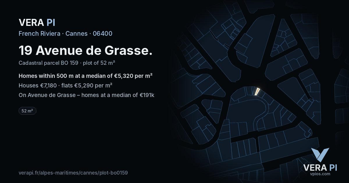 19 Avenue de Grasse, Cannes at night – the plot lit, the parcels around coloured by the prices near them