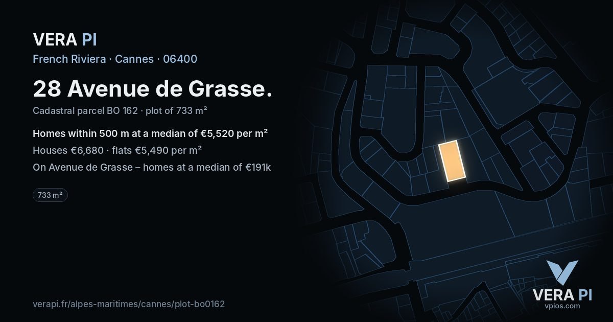 28 Avenue de Grasse, Cannes at night – the plot lit, the parcels around coloured by the prices near them