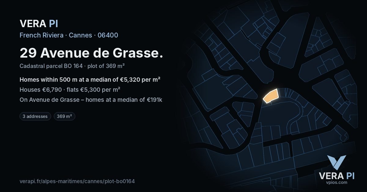 29 Avenue de Grasse, Cannes at night – the plot lit, the parcels around coloured by the prices near them