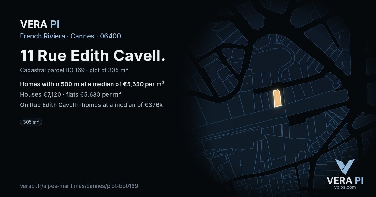 11 Rue Edith Cavell, Cannes at night – the plot lit, the parcels around coloured by the prices near them