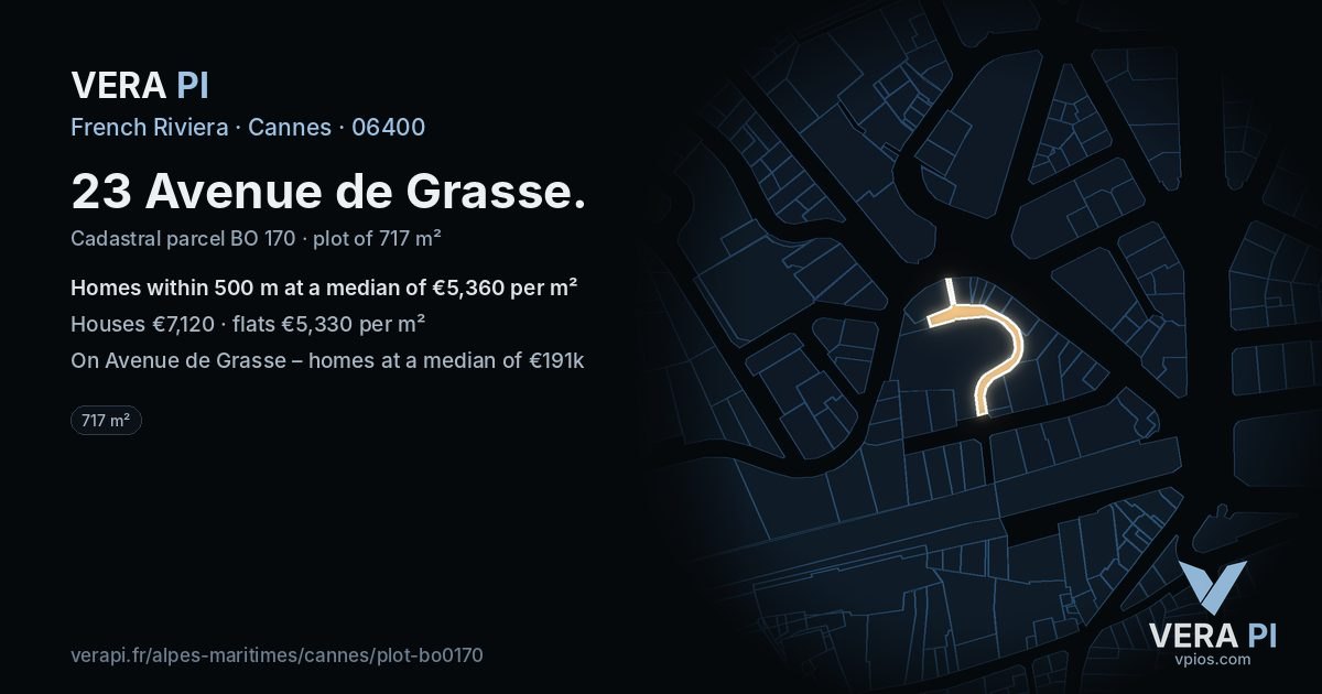 23 Avenue de Grasse, Cannes at night – the plot lit, the parcels around coloured by the prices near them
