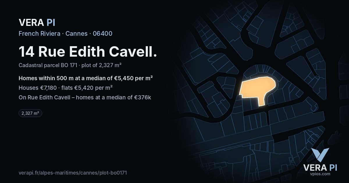 14 Rue Edith Cavell, Cannes at night – the plot lit, the parcels around coloured by the prices near them