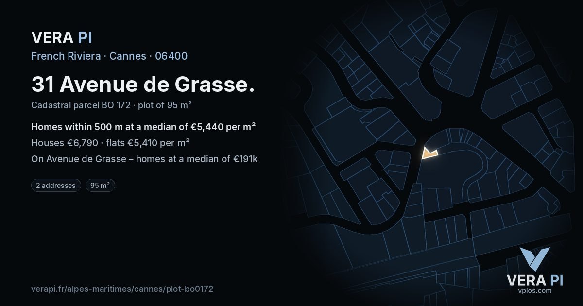 31 Avenue de Grasse, Cannes at night – the plot lit, the parcels around coloured by the prices near them