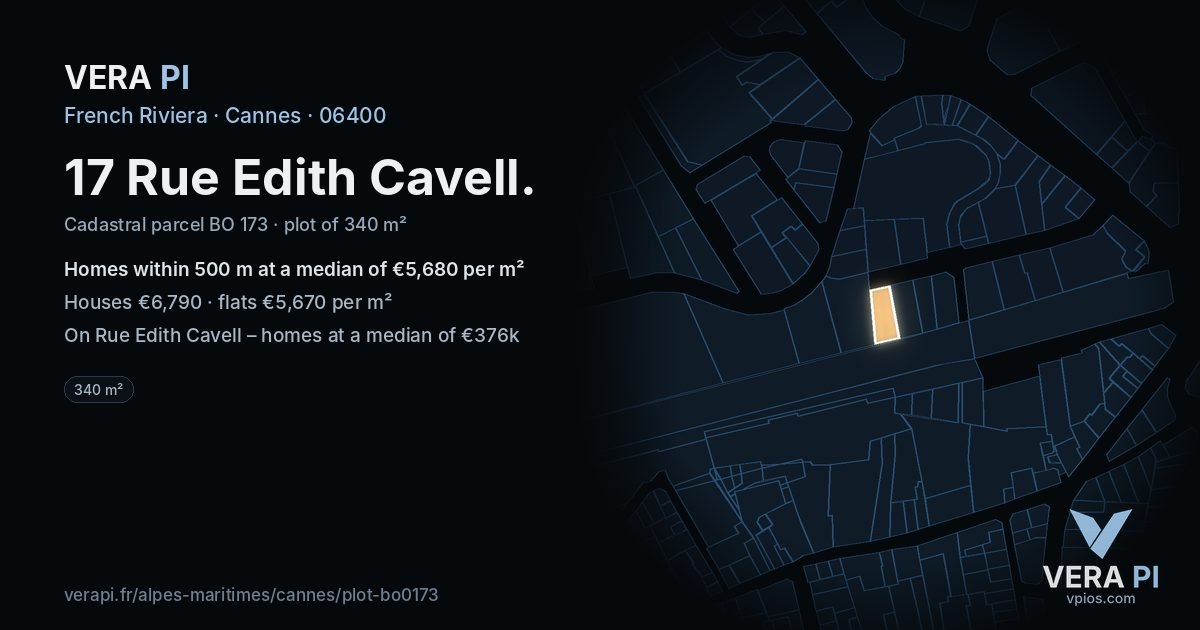 17 Rue Edith Cavell, Cannes at night – the plot lit, the parcels around coloured by the prices near them