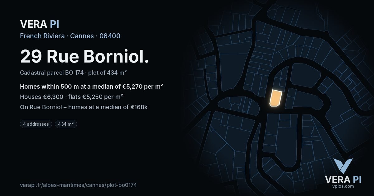 29 Rue Borniol, Cannes at night – the plot lit, the parcels around coloured by the prices near them
