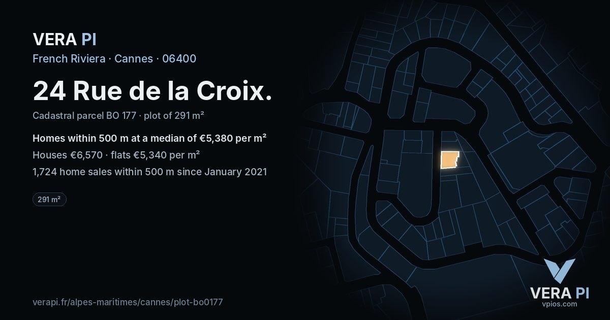 24 Rue de la Croix, Cannes at night – the plot lit, the parcels around coloured by the prices near them