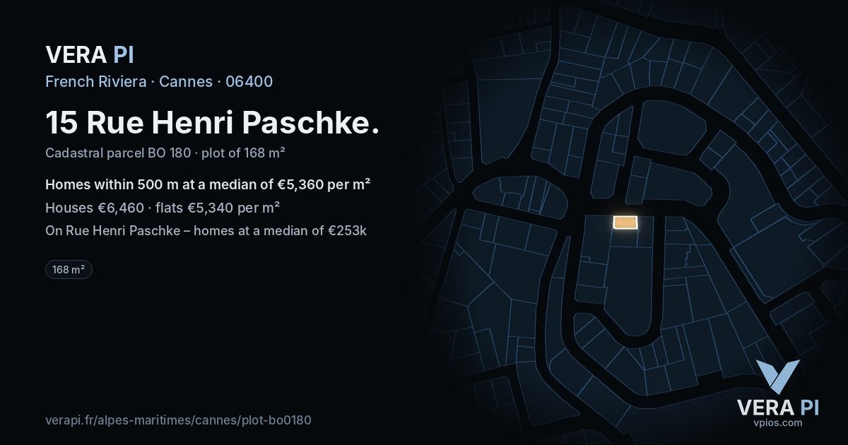 15 Rue Henri Paschke, Cannes at night – the plot lit, the parcels around coloured by the prices near them