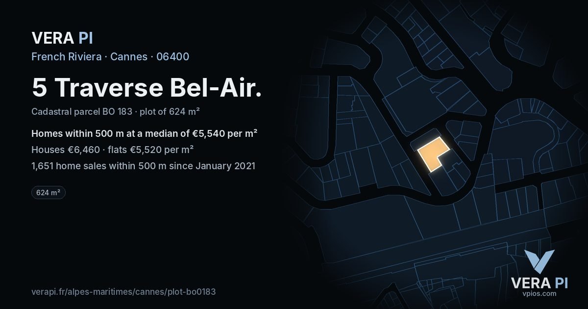 5 Traverse Bel-Air, Cannes at night – the plot lit, the parcels around coloured by the prices near them