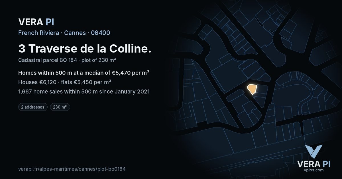 3 Traverse de la Colline, Cannes at night – the plot lit, the parcels around coloured by the prices near them