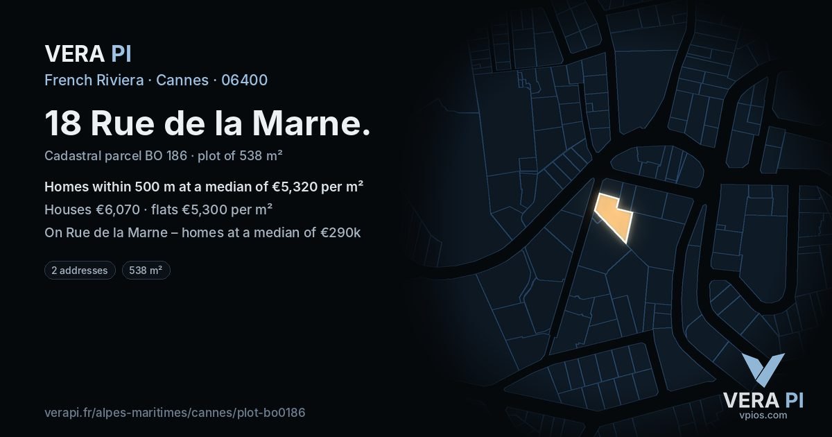 18 Rue de la Marne, Cannes at night – the plot lit, the parcels around coloured by the prices near them