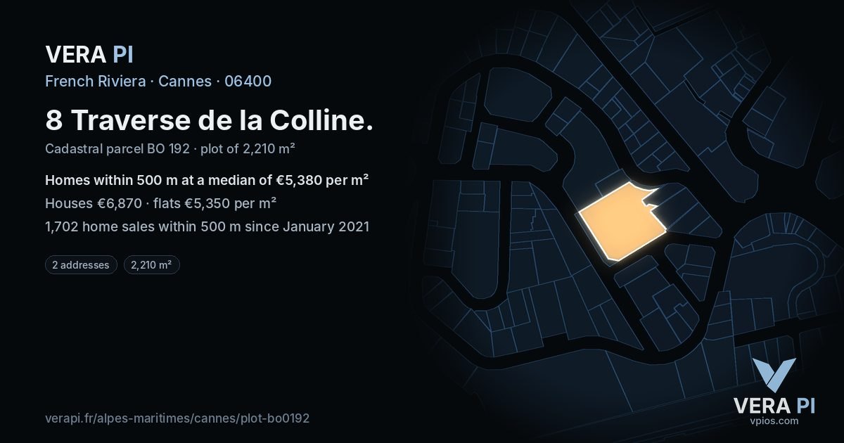 8 Traverse de la Colline, Cannes at night – the plot lit, the parcels around coloured by the prices near them