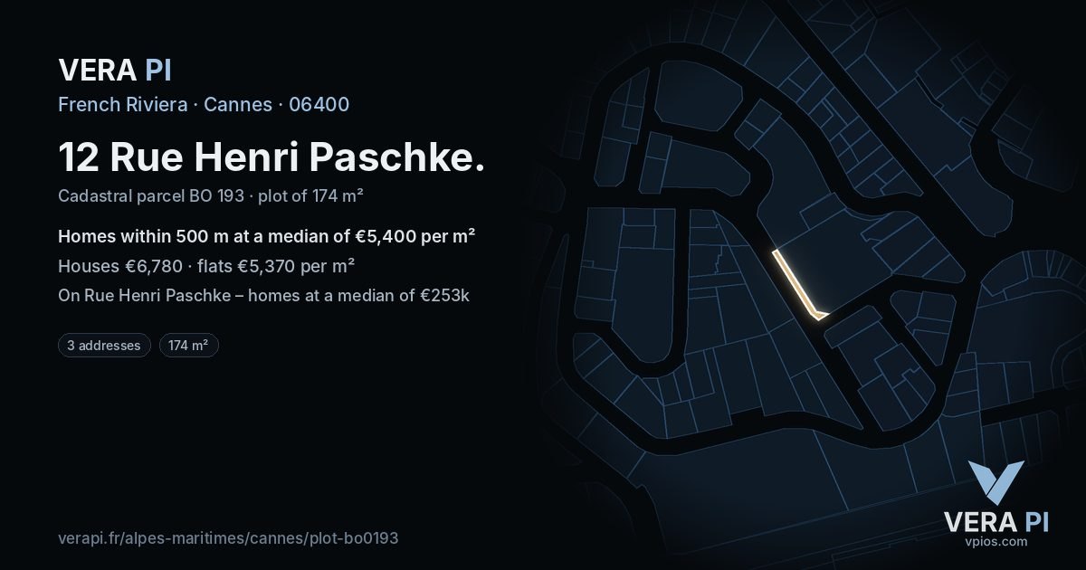 12 Rue Henri Paschke, Cannes at night – the plot lit, the parcels around coloured by the prices near them
