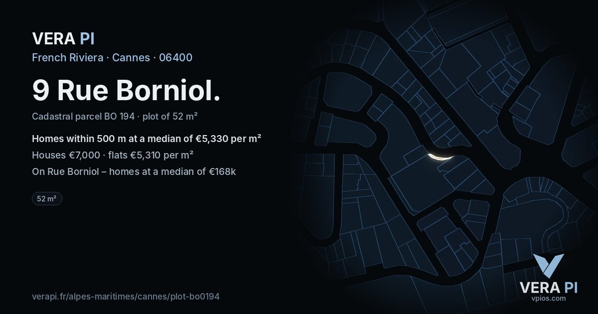 9 Rue Borniol, Cannes at night – the plot lit, the parcels around coloured by the prices near them