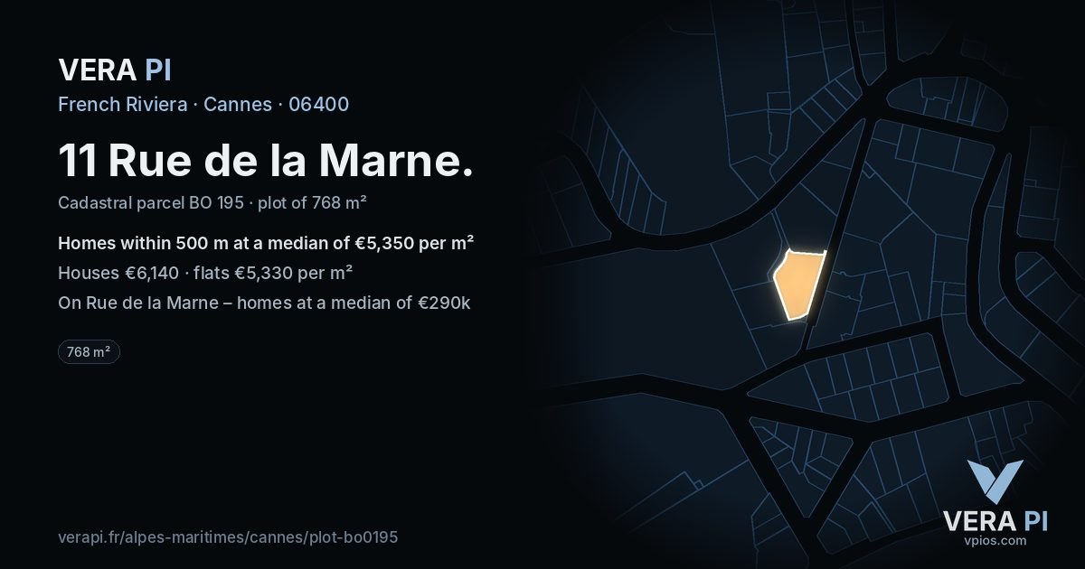 11 Rue de la Marne, Cannes at night – the plot lit, the parcels around coloured by the prices near them