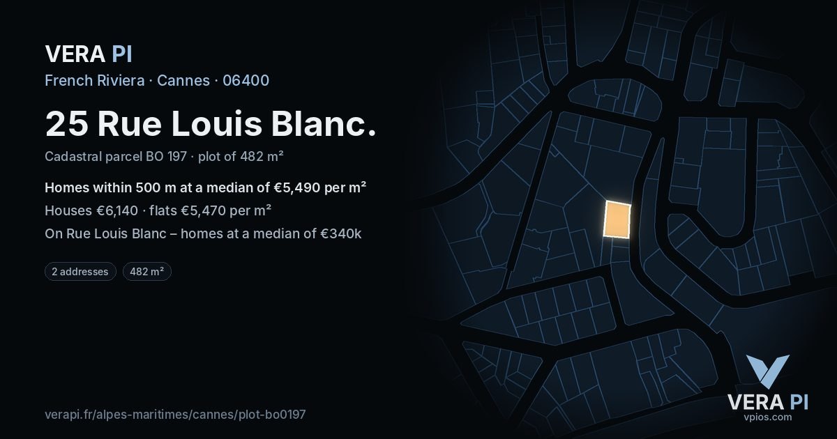 25 Rue Louis Blanc, Cannes at night – the plot lit, the parcels around coloured by the prices near them