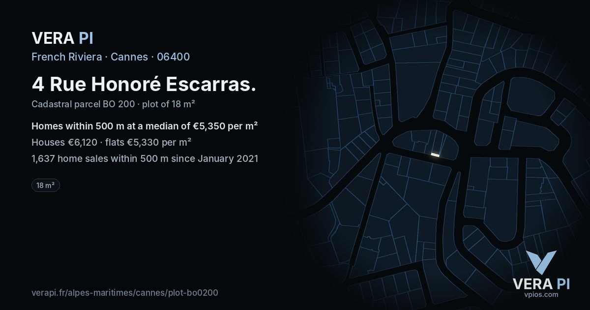 4 Rue Honoré Escarras, Cannes at night – the plot lit, the parcels around coloured by the prices near them