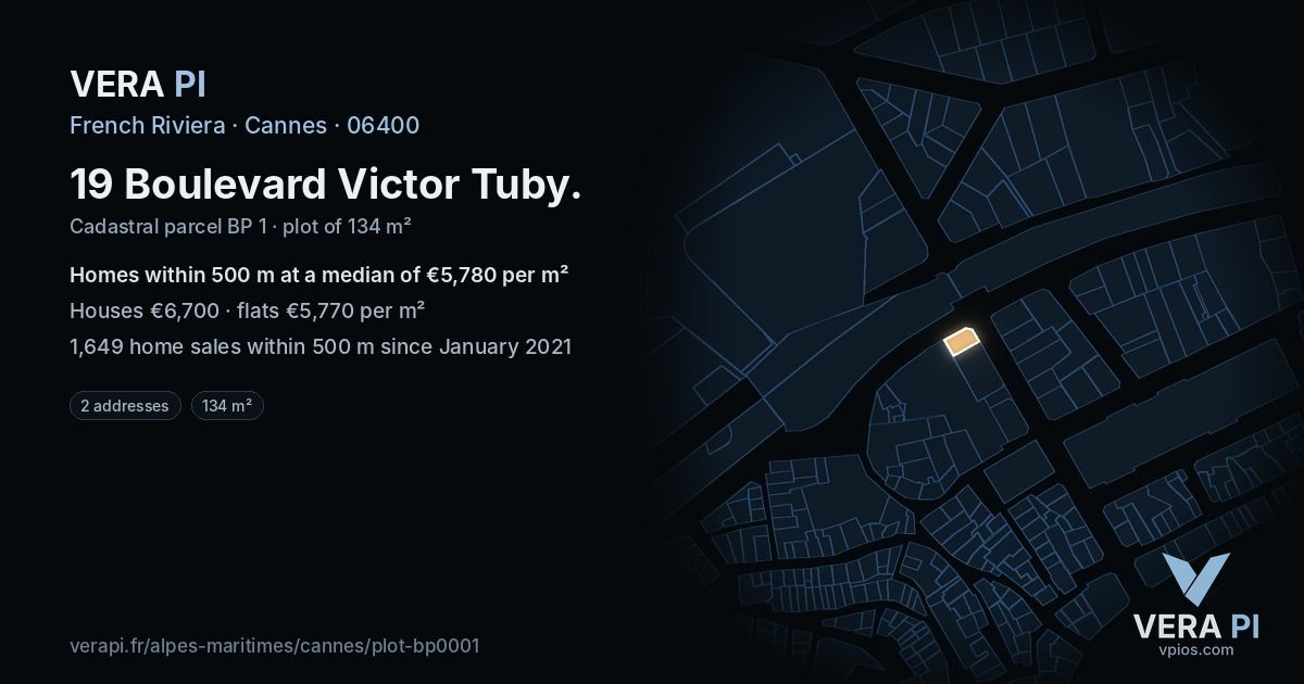 19 Boulevard Victor Tuby, Cannes at night – the plot lit, the parcels around coloured by the prices near them