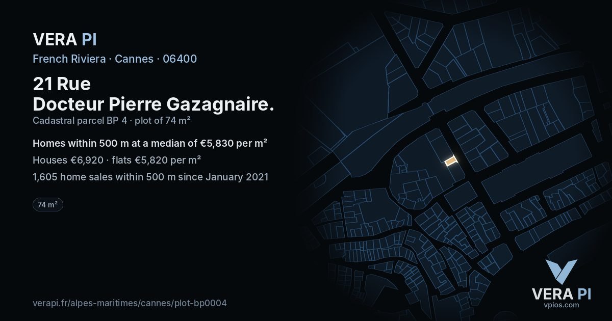 21 Rue Docteur Pierre Gazagnaire, Cannes at night – the plot lit, the parcels around coloured by the prices near them