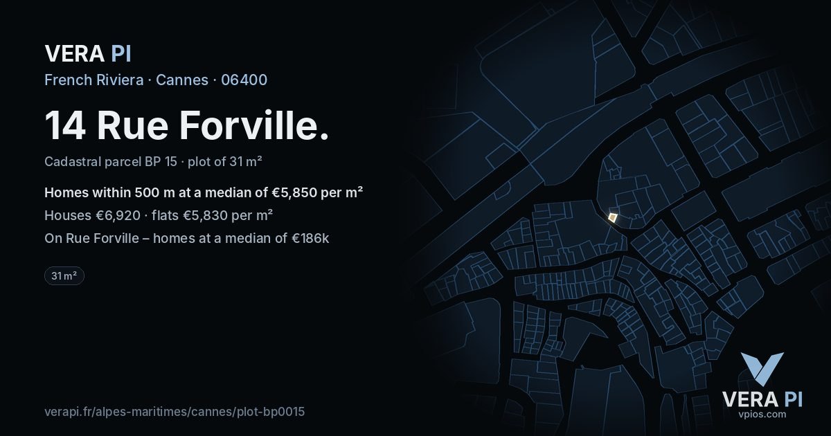 14 Rue Forville, Cannes at night – the plot lit, the parcels around coloured by the prices near them