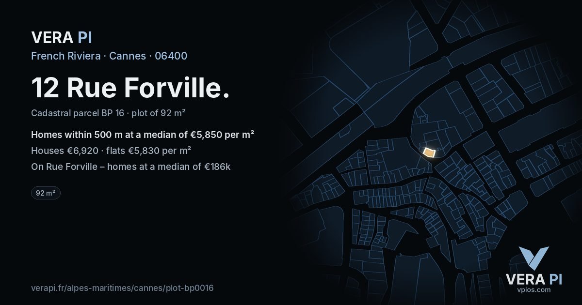 12 Rue Forville, Cannes at night – the plot lit, the parcels around coloured by the prices near them