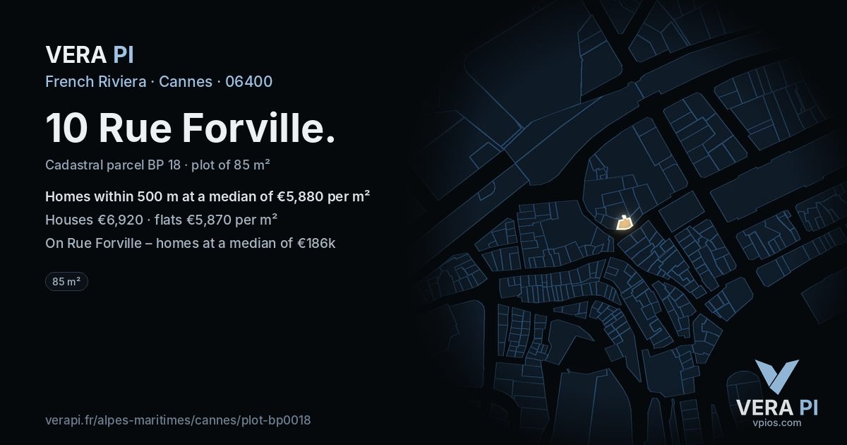 10 Rue Forville, Cannes at night – the plot lit, the parcels around coloured by the prices near them