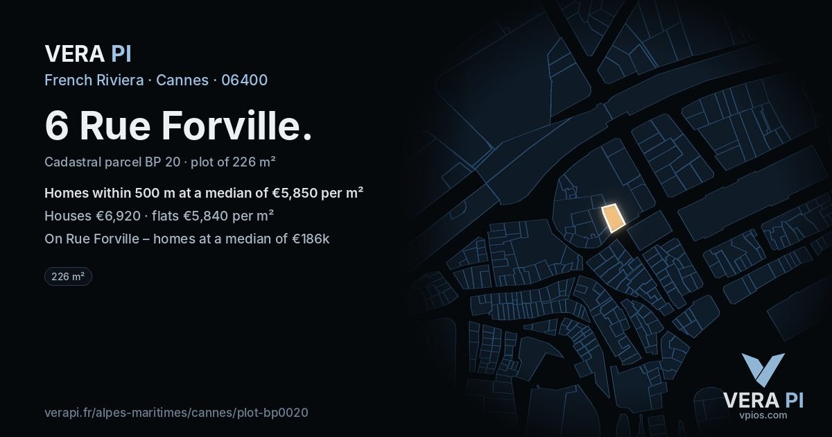 6 Rue Forville, Cannes at night – the plot lit, the parcels around coloured by the prices near them