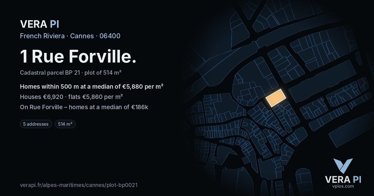 1 Rue Forville, Cannes at night – the plot lit, the parcels around coloured by the prices near them