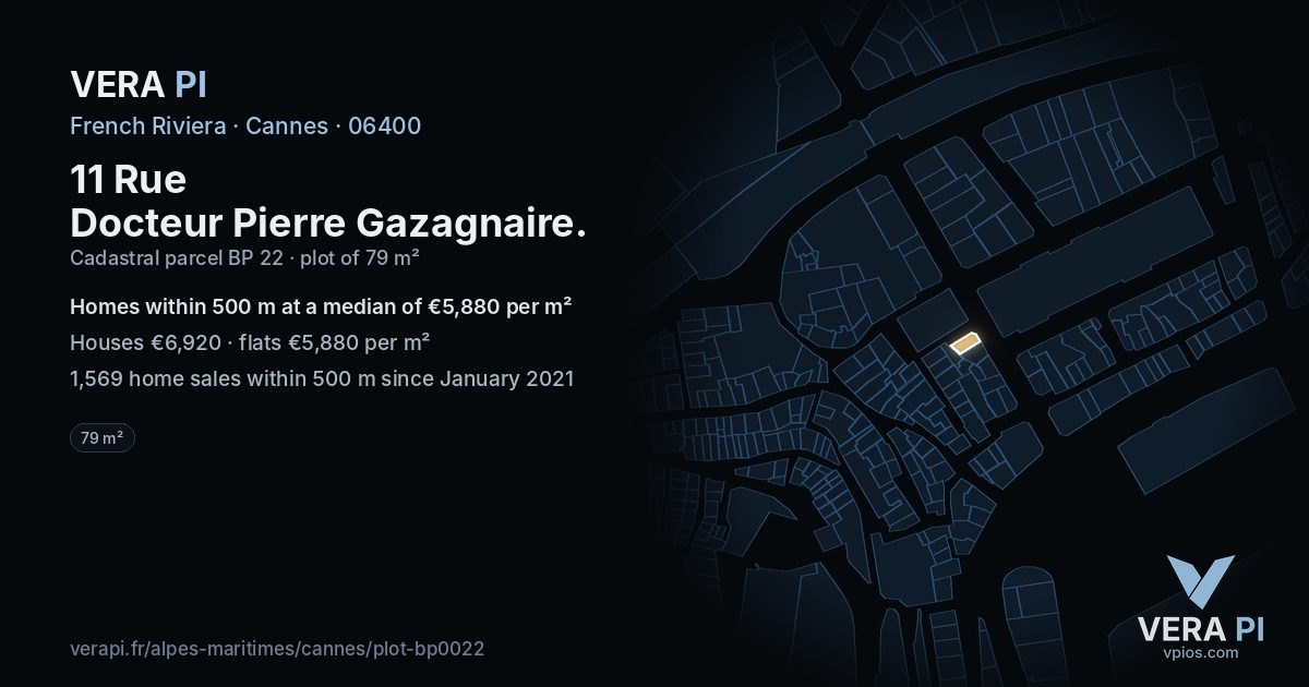 11 Rue Docteur Pierre Gazagnaire, Cannes at night – the plot lit, the parcels around coloured by the prices near them