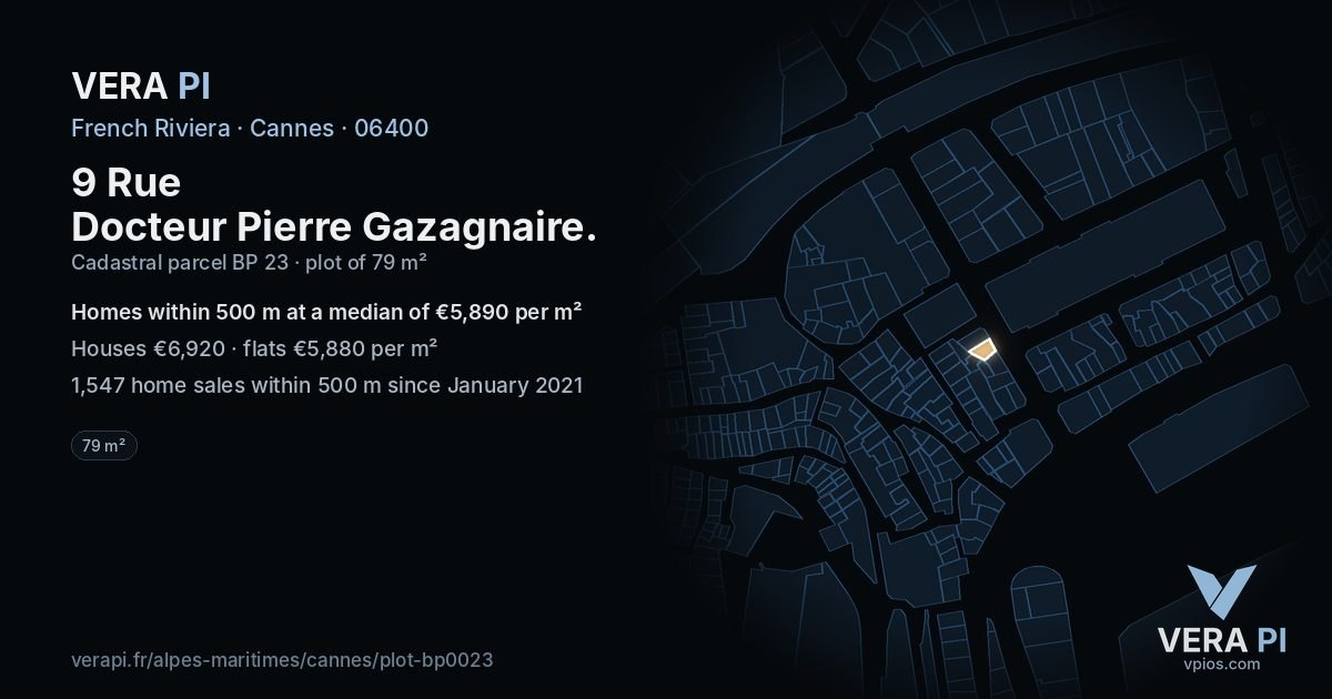 9 Rue Docteur Pierre Gazagnaire, Cannes at night – the plot lit, the parcels around coloured by the prices near them