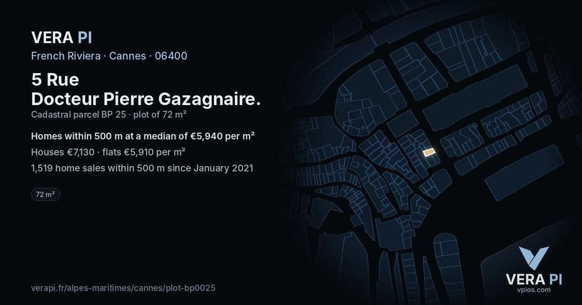 5 Rue Docteur Pierre Gazagnaire, Cannes at night – the plot lit, the parcels around coloured by the prices near them