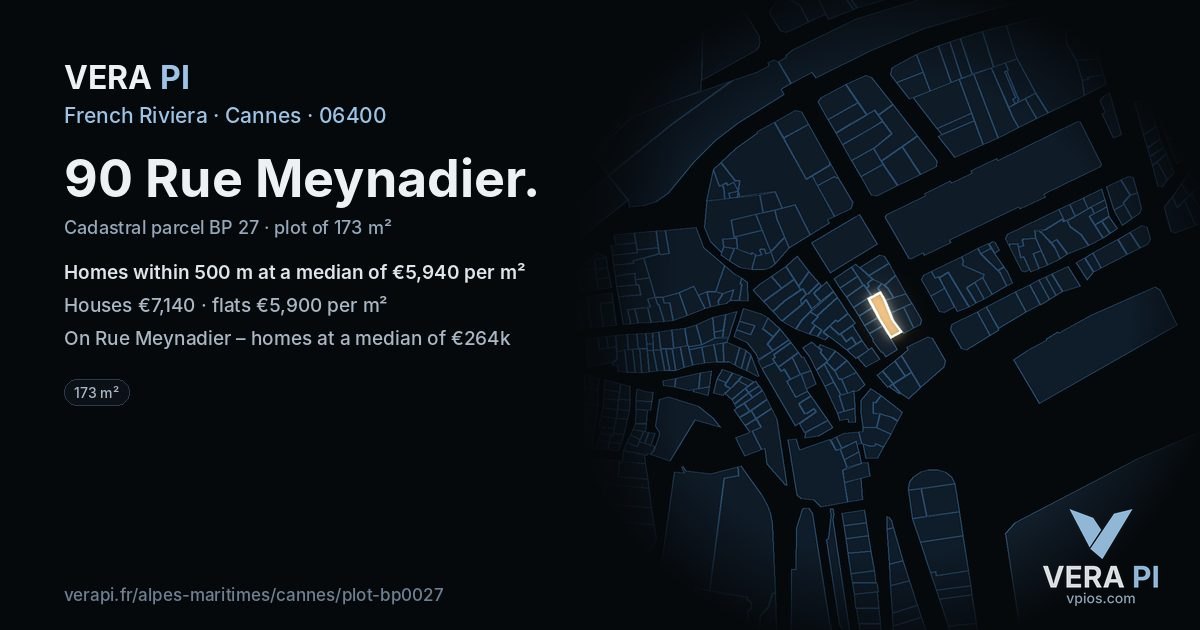 90 Rue Meynadier, Cannes at night – the plot lit, the parcels around coloured by the prices near them